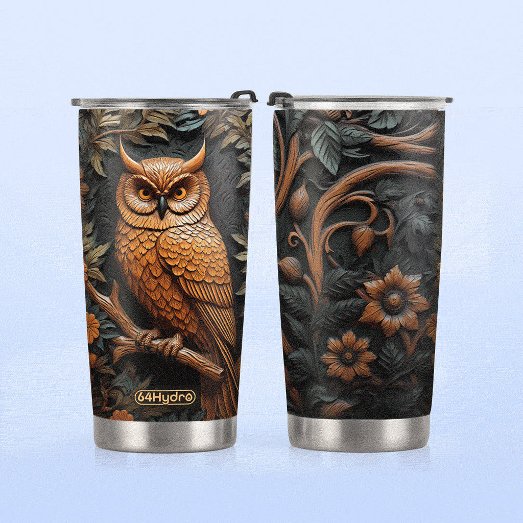 Owl In Night Forest Leather Carving HHAY100723123 Stainless Steel Tumbler